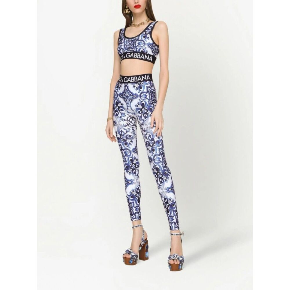 Dolce & Gabbana Women's Blue Majolica Print Cropped Top Sports Bra Size 44 IT